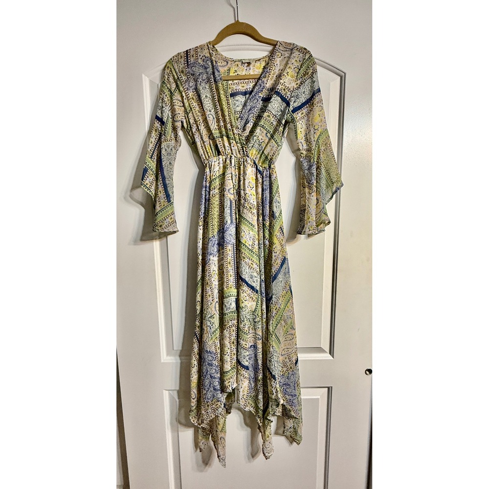 Haani Petite Maxi Dress Womens PS Yellow Blue Paisley Bell Sleeve Boho Vacation